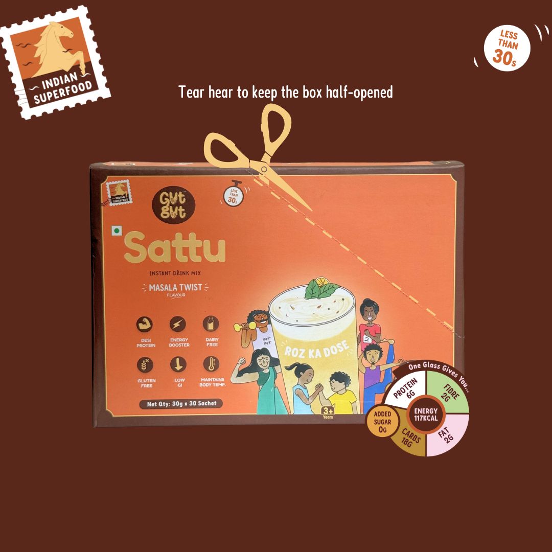 GutGut Sattu | Box of 30 Sachets – Masala Twist Flavour | Instant Drink Mix | Travel-Ready