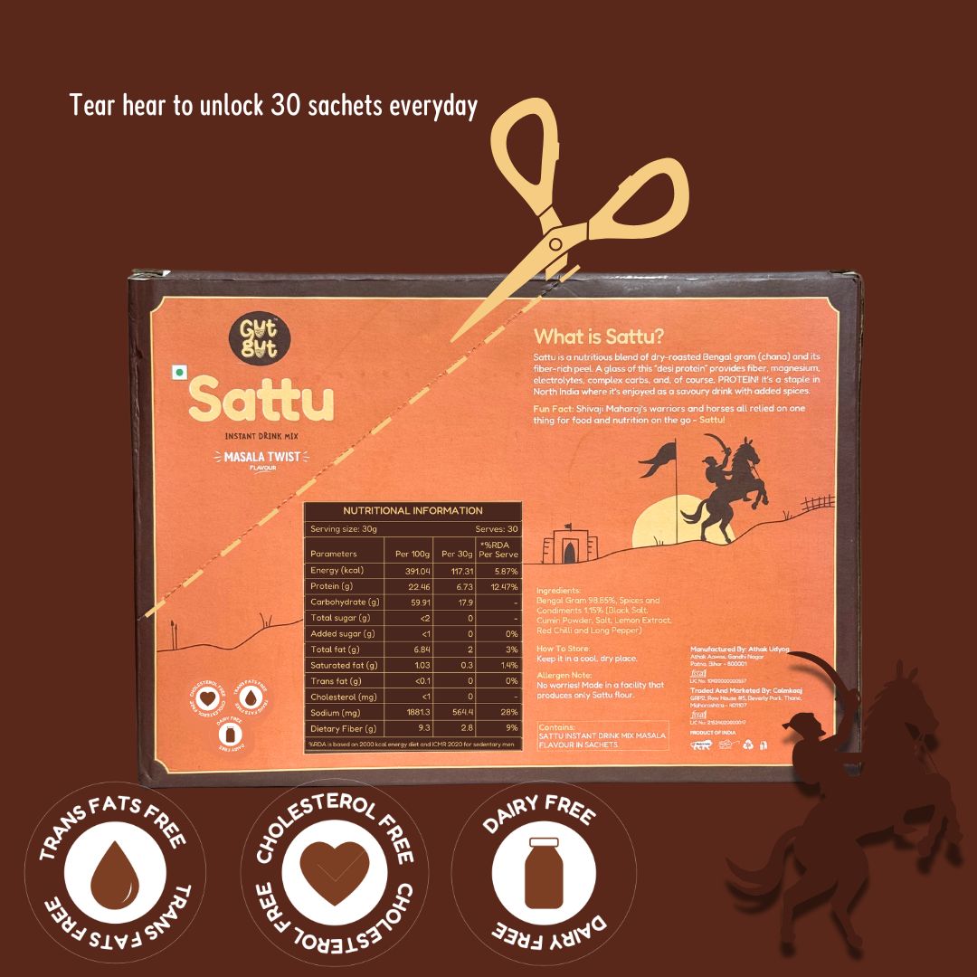 GutGut Sattu | Box of 30 Sachets – Masala Twist Flavour | Instant Drink Mix | Travel-Ready