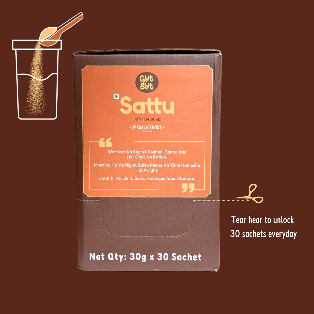 GutGut Sattu | Box of 30 Sachets – Masala Twist Flavour | Instant Drink Mix | Travel-Ready