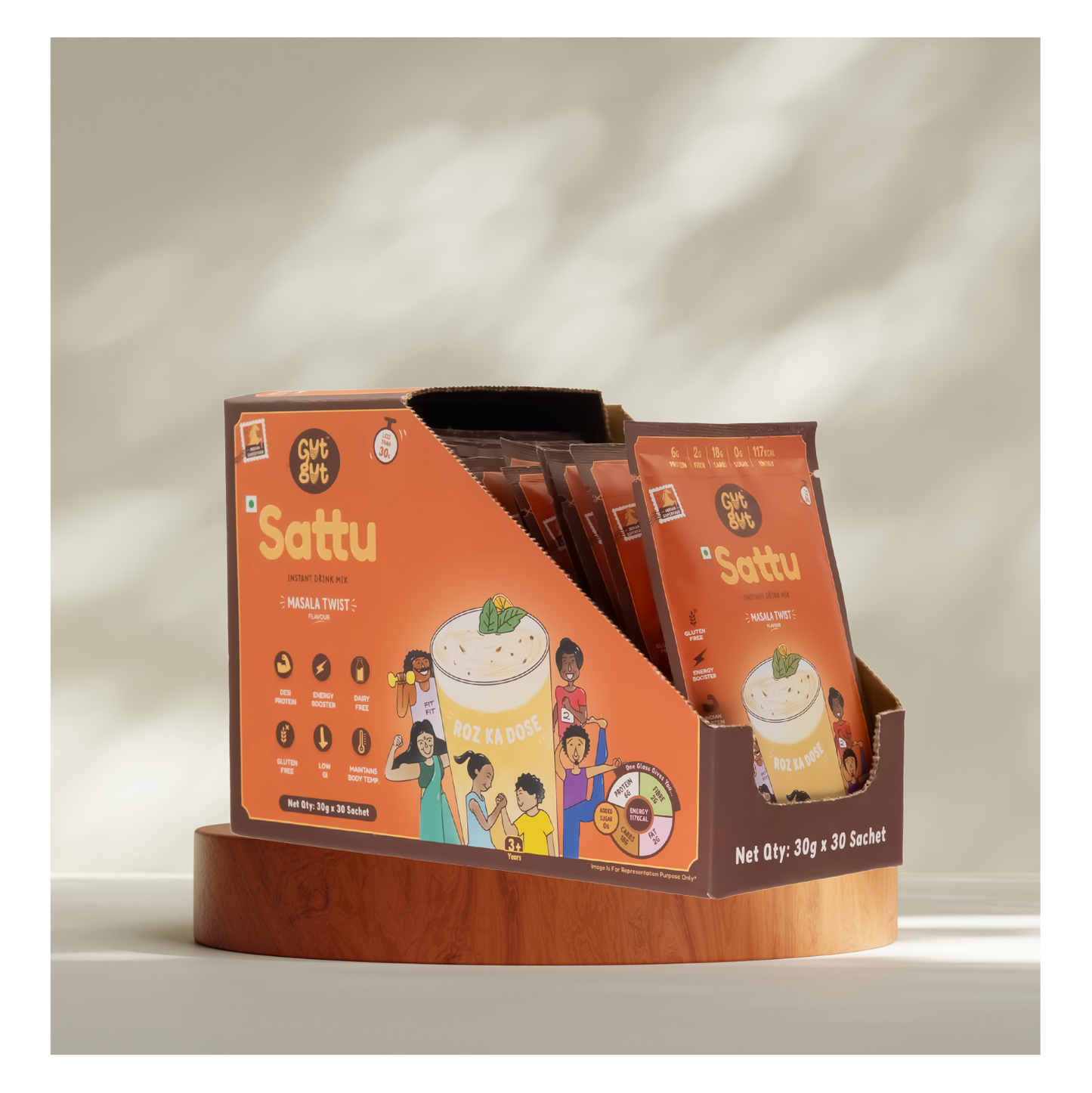 GutGut Sattu | Box of 30 Sachets – Masala Twist Flavour | Instant Drink Mix | Travel-Ready