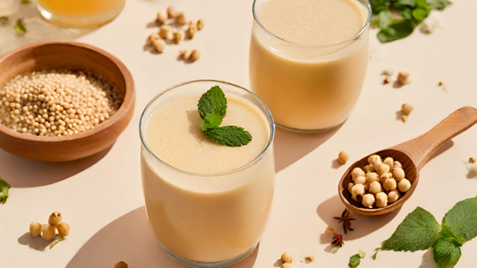 A glass of refreshing Sattu drink surrounded by ingredients like Grade A+ chana, spices, and mint leaves.